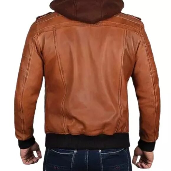 Men's Real Leather Brown Moto Bomber Jacket with Hood- Sizes XS, S - Picture 7 of 7